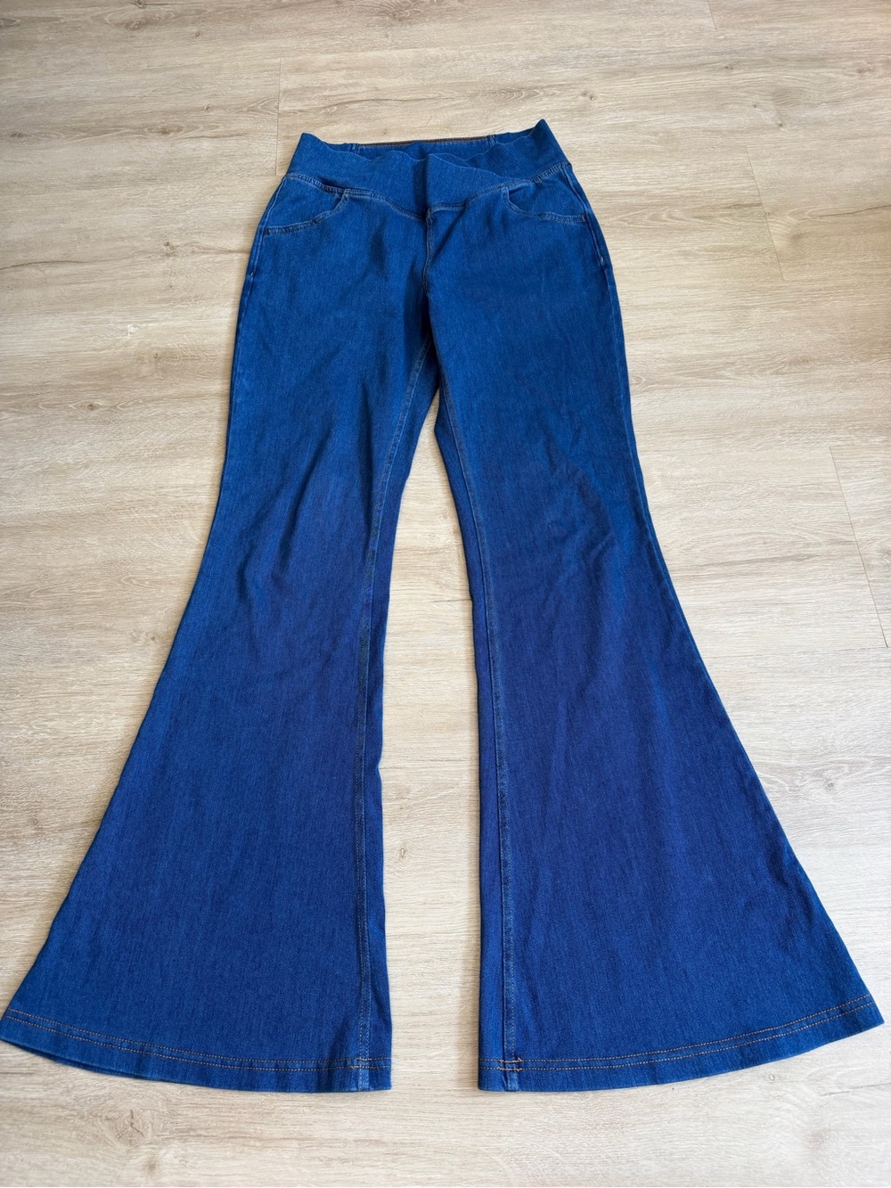 Halara Flex Denim Pants Women Large Blue Crossover Flare Leg Pull On SZ M Tall